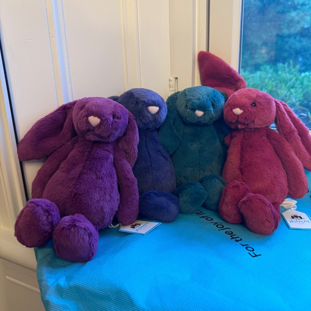 Jellycat 4 Little Bashful Bunnies Teal, Redcurrent, Allium, Saffyre. NWT REAL
